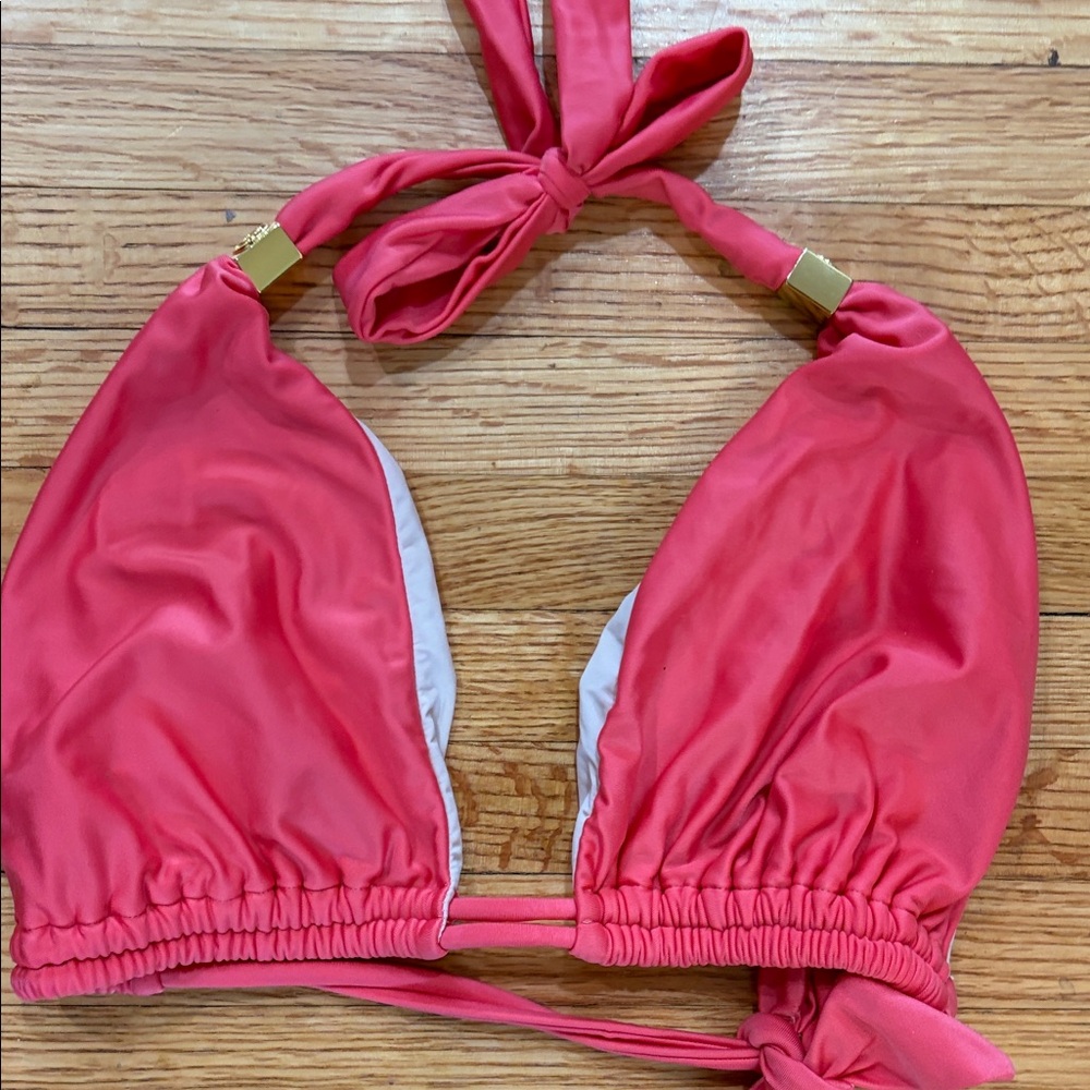 Vix Luxury Swim Halter Bikini Top - Coral/Pink w gold metal accents on strap